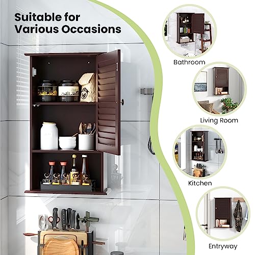 COSTWAY Bathroom Wall Cabinet, Large Capacity Storage Cabinet (Brown) - color: Brown