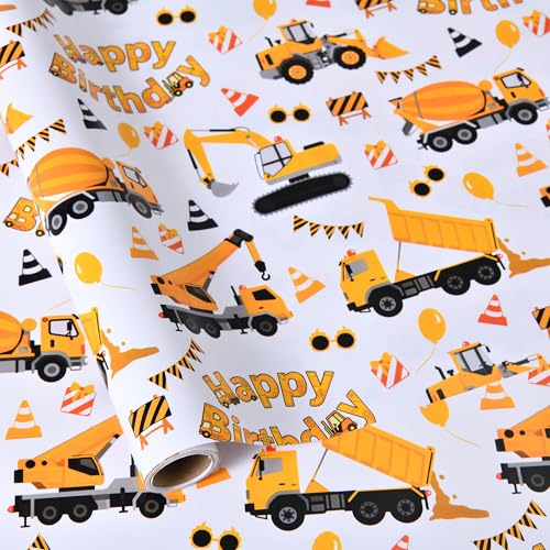 Sikiweiter Construction Truck Birthday Wrapping Paper Roll - Yellow Trucks, Cones, and Balloons Design - 17 inch x 16.5 feet(Construction) - color: Construction