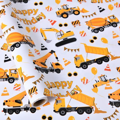 Sikiweiter Construction Truck Birthday Wrapping Paper Roll - Yellow Trucks, Cones, and Balloons Design - 17 inch x 16.5 feet(Construction) - color: Construction