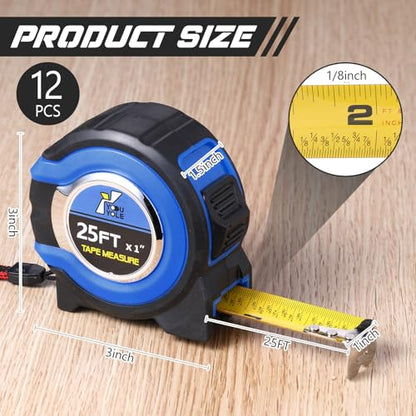Youyole 12 Pack Tape Measure with Fractions 1/8 Steel Measuring Tape Retractable Easy Read Measurement Ruler Steel Power Blade (25 ft X 1 in,Blue) - color: Blue