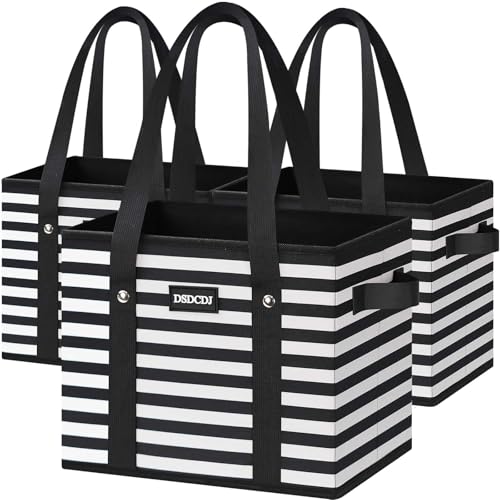 Reusable Grocery Bags 3 Pack - Heavy Duty Reusable Shopping Bags with Hard Bottom & Long Handles, Foldable Utility Tote Bag with Box Shape to Stand Up, 13x10.23x11in, Stripe Black - color: Stripe Black, size: 3 Pack