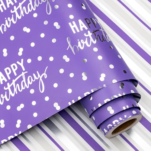 LeZakaa Purple Birthday Wrapping Paper Roll for Girls Women, Happy Birthday Lettering & Stripe Reversible, Metallic Foil, Large Roll, 30 inches x 32.8 Feet (92.9 sq.ft.) - color: Birthday - Purple, size: 30" X 32.8 ft
