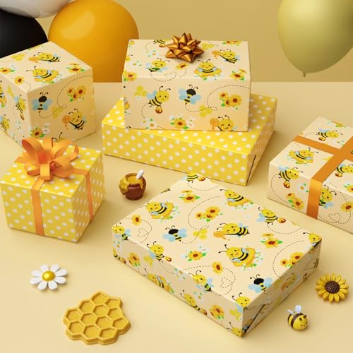 WERNNSAI Bee Daisy Wrapping Paper - 33 ft Honey Bee Wrapping Paper for Kids - color: Bee and Daisy