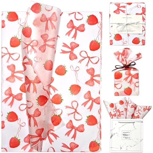 LIAPAWPAW Gift Tissue Paper Bulk, Sweet Strawberry & Bow Tissue Paper for Gift Bags, Wrapping, Craft, Filler, Coral Red Art Packing Supplies for Weddings, Birthdays, Holidays Decor, 30 Sheets 20x14in - color: Red And White