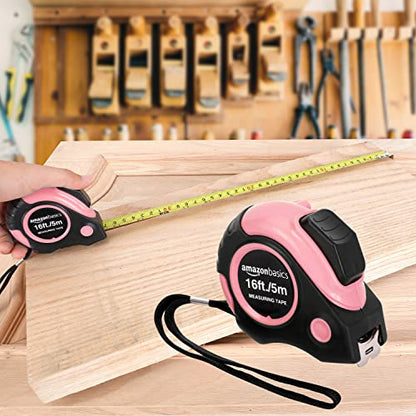 Amazon Basics Retractable Tape Measure with Metric and SAE Measurements, 16ft/5m, Belt Clip, Readable, Pink - color: Pink