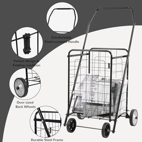 Elevon Foldable Shopping Utility Cart, Collapsible Durable Grocery Utility Cart with Rolling Wheels for Easy Storage, Laundry, Book, Luggage Travel, Compact Portable, Black