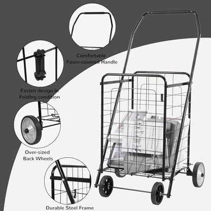 Elevon Foldable Shopping Utility Cart, Collapsible Durable Grocery Utility Cart with Rolling Wheels for Easy Storage, Laundry, Book, Luggage Travel, Compact Portable, Black