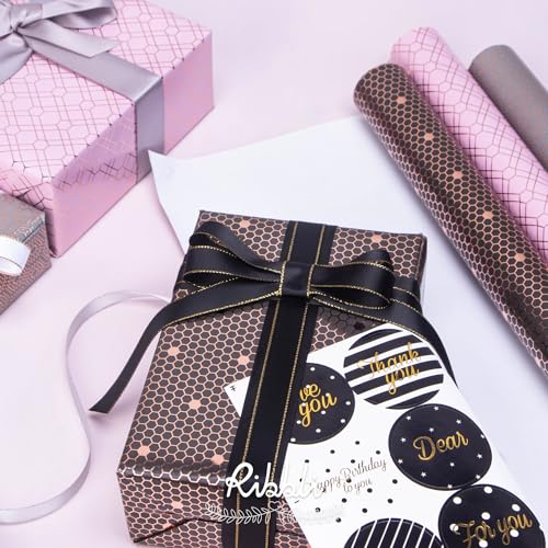 Ribbli Rose Gold Pink Birthday Wrapping Paper Mini Roll, 3 Rolls Grey Pink Black Geometry Pattern with Rose Gold Foil for Valentines Day Mothers Day Wedding - 17 inch x 120 inch(10feet) Per Roll - color: Grey/Pink/Black