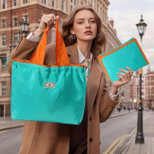 Reusable Drawstring Tote Bag for Shopping Travel and Grocery Lightweight Compact Eco Friendly and Foldable Design - color: Lake Blue Medium