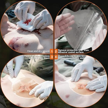 2Pcs Vented Chest Seal, Occlusive Adhesive Pad, 4 Vents Sterile Emergency Trauma Dressing, IFAK Trauma Refill Medical First Aid Supplies for Wound Care, Sucking Chest - size: 2Pcs