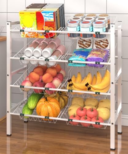 4-Tier Fruit and Vegetable Storage Rack, Freestanding Snack Stand Shelf with 8 Removable Baskets, Small Kitchen Island for Pantry Floor Organization, White