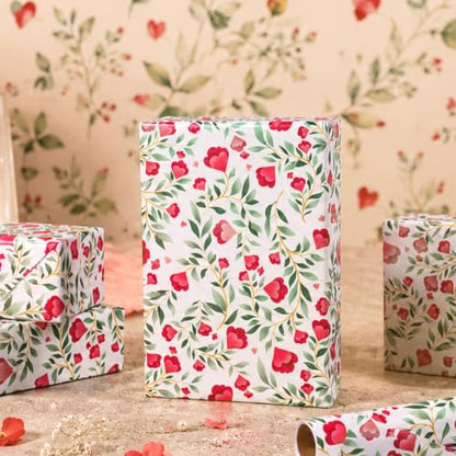 Burymento Floral Gift Wrapping Paper Roll for Women Girls - color: White - Red Floral