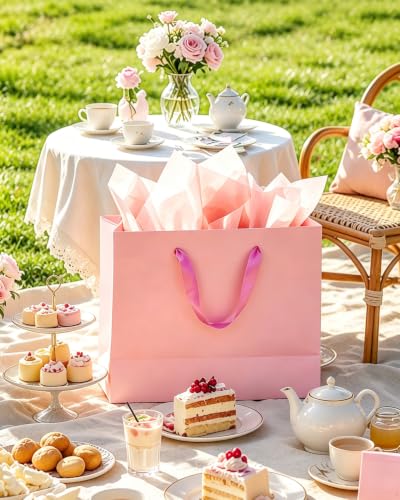 qiqee Pink Gift Bags, Medium Size, 9.6"x7.9"x4.3", 24PCS - color: Pink, size: 24 Count (Pack of 1)