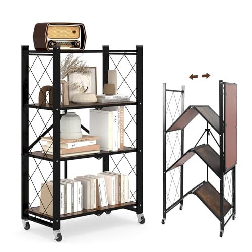 4 Tier Folding Shelf with Wheels, Wood and Metal Bookshelf - color: Brown Wooden, size: 4 Tier