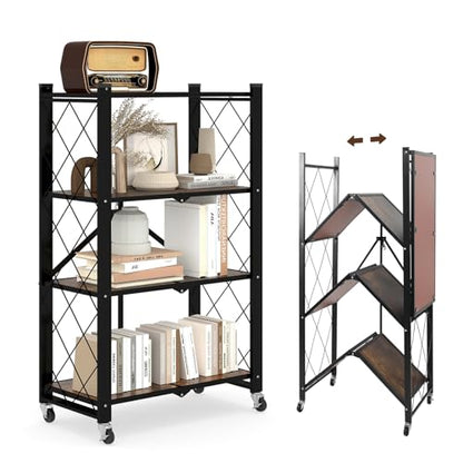 4 Tier Folding Shelf with Wheels, Wood and Metal Bookshelf - color: Brown Wooden, size: 4 Tier