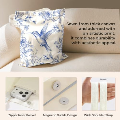 Cute Canvas Tote Bag for Women, Book Totebag with Zipper Pocket - color: Hummingbird