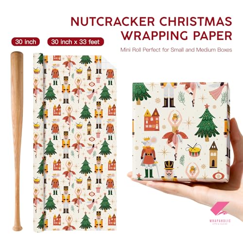 WRAPAHOLIC 30 Inch Nutcracker Christmas Wrapping Paper - 30 Inch x 33 Feet - Ballerina and Nutcracker Wrapping Paper for Christmas, Holiday, Party Celebration - color: Nutcracker - White, size: 30 inch x 33 feet