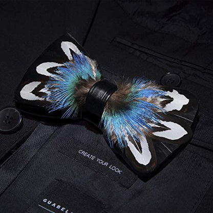 RBOCOTT Handmade Feather Pre-tied Bow tie and Brooch Sets for Men - color: Blue/White/Black