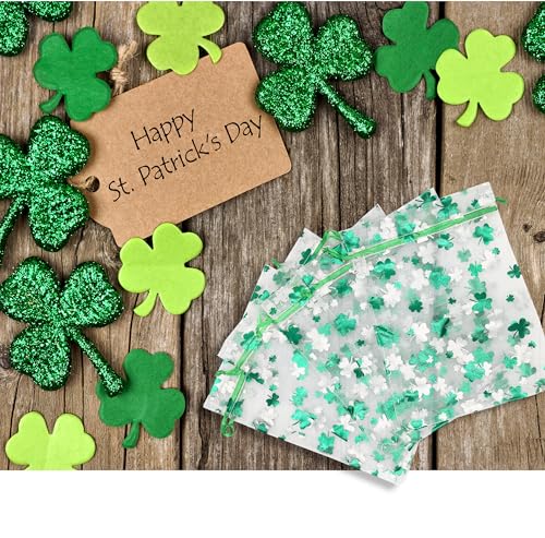 Jexila 50PCS St.Patrick's Day Organza Gift Bags Shamrock Clover Drawstring Goodie Treat Bag St.Patrick's Party Favors for Kids Classroom - color: Green