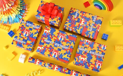 Sikiweiter Building Block Birthday Wrapping Paper Roll, 17 Inches x 16.5 Feet, Colorful Brick Pattern Gift Wrap with Happy Birthday Text and Present Box Design for Kids Birthday Party, Boys Girls Gifts, Party Supplies(Building Bricks Birthday) - color: Bu