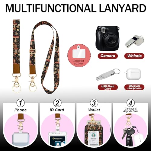 Daily Carry Roomy Leather Zipper Lanyard Wallet for Women, Adjustable Lanyard with ID Holder, RFID Badge Holder, Wristlet, 3 Clear Multiuse Card, 2 Key Ring, 1 Phone Strap for Teacher Office - color: Squirrel Mushroom