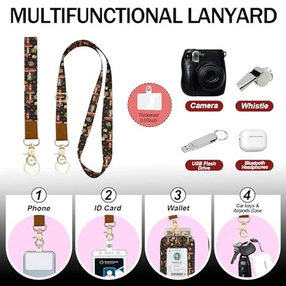 Daily Carry Roomy Leather Zipper Lanyard Wallet for Women, Adjustable Lanyard with ID Holder, RFID Badge Holder, Wristlet, 3 Clear Multiuse Card, 2 Key Ring, 1 Phone Strap for Teacher Office - color: Squirrel Mushroom