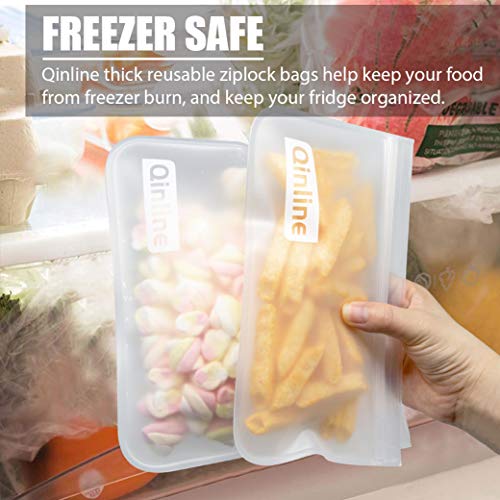 Qinline Reusable Food Storage Bags - 24 Pack Dishwasher Safe Freezer Bags, BPA Free Reusable Bags PEVA material, Leakproof Reusable Lunch Bag for Salad Fruit Travel - 8 Gallon 8 Sandwich 8 Snack Bags - color: Clear