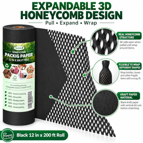 Black Honeycomb Packing Paper, 12" x 200 ft, Shipping & Gift Wrap - color: Black, size: 12 Inch x 200 Feet