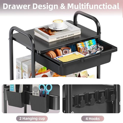 KINGRACK 3 Tier Metal Rolling Cart with Drawer, Black Utility Storage Cart - color: Black
