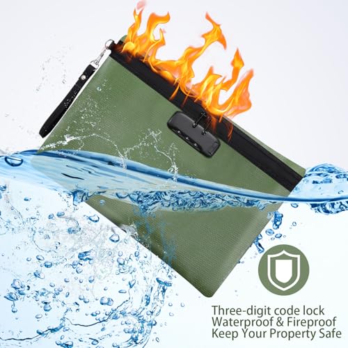 Nezyo 2 Pcs Fireproof Document Bag with Lock, Waterproof Money Pouch,Green - color: Green