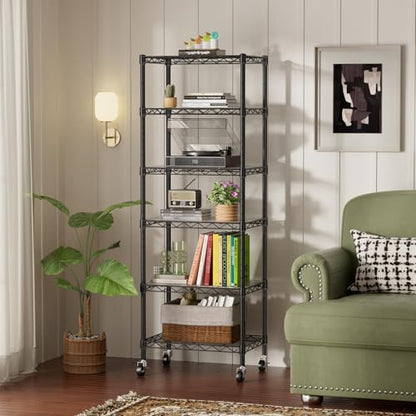 SINGAYE 6 Shelves Storage Shelf Wire Shelving Unit Metal Adjustable Wheels - color: Black, size: 6Tier/11.5"D X 17.5"W X 61.5"H