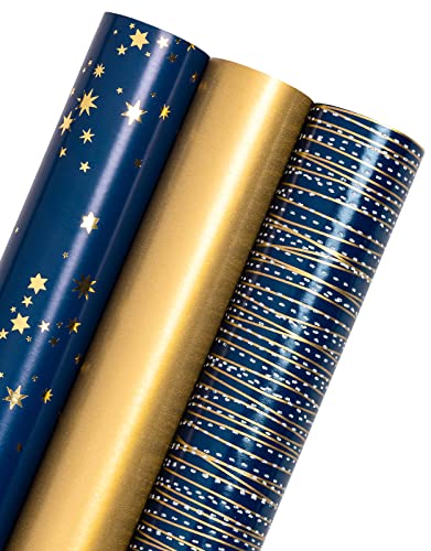 WRAPAHOLIC Wrapping Paper Roll - Mini Roll - 3 Rolls - 17 Inch X 120 Inch Per Roll - Navy and Gold Star/Stripe/Gold Pearlized Print for Birthday, Father's Day, Holiday, Party - color: Navy & Gold