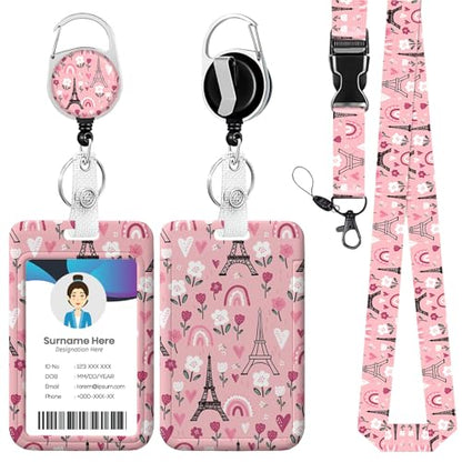 Pink Eiffel Tower ID Badge Holder with Lanyards, Detachable Lanyards for ID Badges, Retractable Badge Reel with Heavy Duty Clip for Nurse Teacher Office Staff Student - color: Pink Eiffel Tower