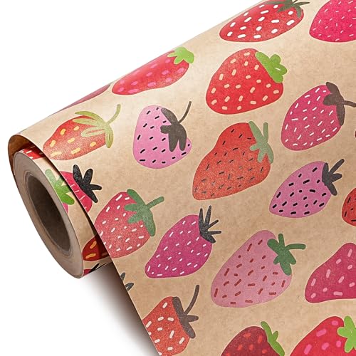 WRAPAHOLIC Kraft Strawberry Wrapping Paper Roll - Mini Roll - 17 Inch x 16.5 Feet - Sweet Strawberry Fruits Wrapping Paper for Summer, Birthday, Wedding, Bridal Shower - color: Kraft - Strawberry, size: 17 inch x 16.5 feet