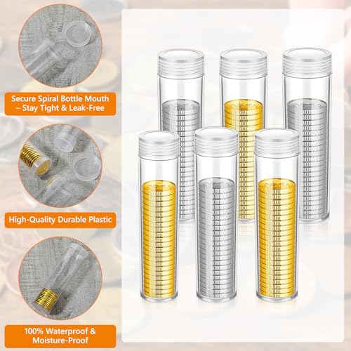 60 Pcs Plastic Coin Tubes, 6 Different Sizes Clear Quarter