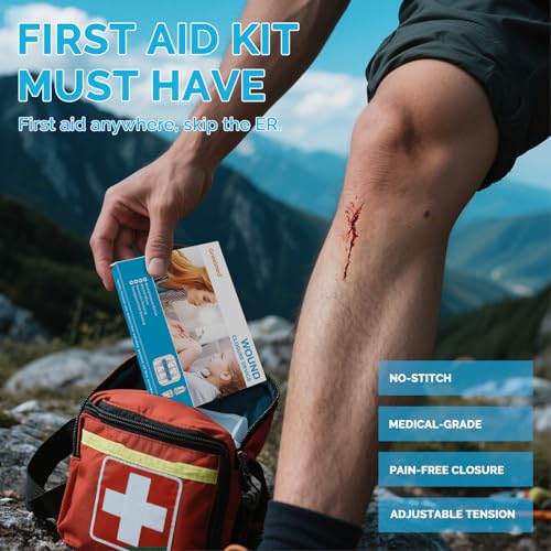 Greetmed Emergency Wound Closure Strips - 16 Pack Laceration Closure Kit with 2 Types Zip Stitch Butterfly Bandage Sutures Kit - Painless, Stitchless Wound Repair for First Aid, Hiking, Camping & Home
