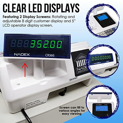 Nadex CR360 Cash Register, 4700 Lookups 50 Dept 50 Clerks, Quick Load Thermal Printer, Compact Size, Cash and Coin Drawer, White - color: White