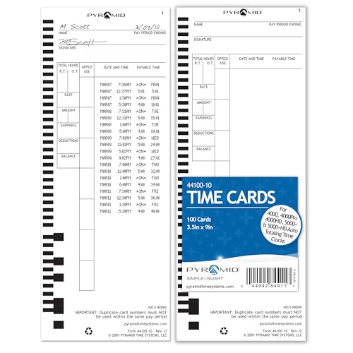 Pyramid Time Systems 44100 Barcoded Time Clock Cards Auto Totaling 100 Pack - size: 100 pk