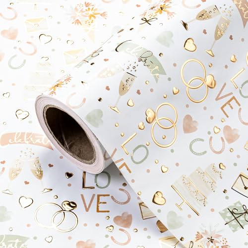 WRAPAHOLIC Wedding Wrapping Paper Roll - Mini Roll - 17 Inch x 16.5 Feet - Luxury and Elegance Wedding Theme with Gold Foil Wrapping Paper Perfect for Bridal Shower, Celebration, Party - color: Wedding Theme, size: 17 inch x 16.5 feet