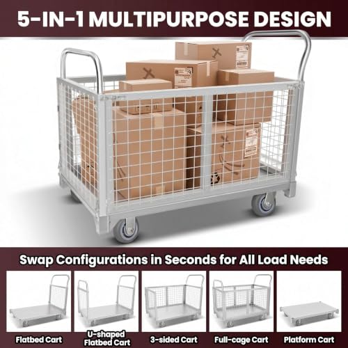 Platform Truck Cart with Cage 3500 LBS, Heavy Duty Utility Cart with Mesh Fence, 5-in-1 Foldable Shopping Cart & Laundry Cart with Wheels for Warehouse Pantry