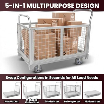 Platform Truck Cart with Cage 3500 LBS, Heavy Duty Utility Cart with Mesh Fence, 5-in-1 Foldable Shopping Cart & Laundry Cart with Wheels for Warehouse Pantry