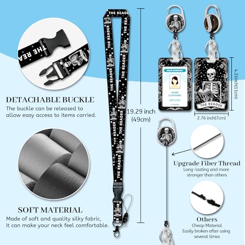 Hancynir Goth Book Lover Lanyards for Id Badges with Retractable Reel Clip - color: Book Skull