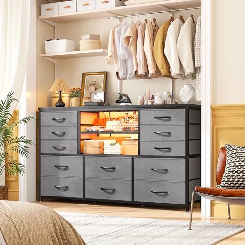 EnHomee Dresser for Bedroom with LED Lights & Charging Station - color: Grey
