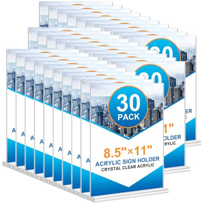 Arrobust 30 Pack Acrylic Sign Holder 8.5 x 11, Clear Display Table Top Signs Stand, Double Sided T Shape Flyer Holder, Plastic Frames Paper Holder for Stores Home Office Store Restaurants Wedding Retail Show Fair - size: Vertical 30 Pack 8.5x11''