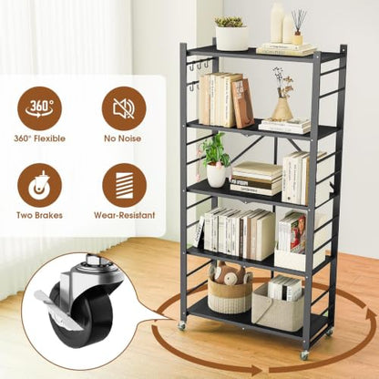Fenbeli 5-Tier Folding Metal Storage Shelves with Wheels, 750 lb Capacity - color: Black-a, size: 5 Tier