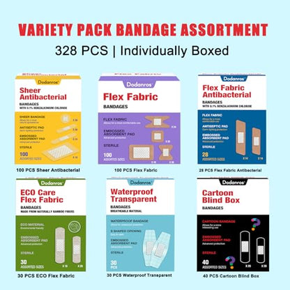 Dodanros Variety Bandages Pack,328ct Assorted Bulk Various Sizes, Shapes &Features | Sheer & Flex Fabric with Benzalkonium, ECO Bamboo Fabric, Waterproof, Cartoon Blind Box Fragrance Bandages