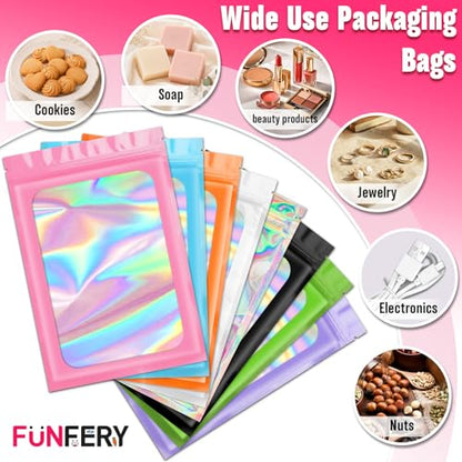 Funfery 300 Pack 3 Size Mylar Holographic Bags with Clear Window,Black - color: Black, size: 2.4x3.9+3x4.7+3.1x5.1 Inch