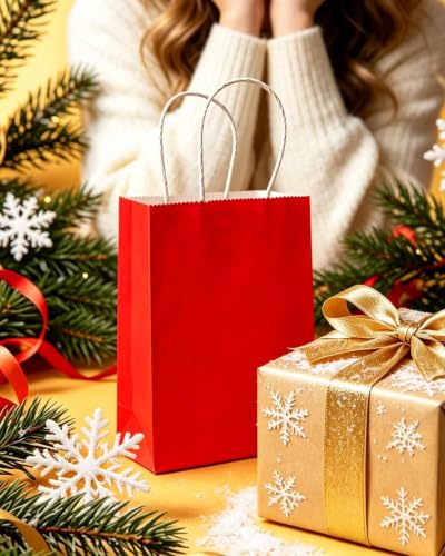 qiqee 24PCS Mini Gift Bag with Handles Bulk 4.5"x2.5"x6" Gift Bags Red Bags Multiple Uses - color: Red