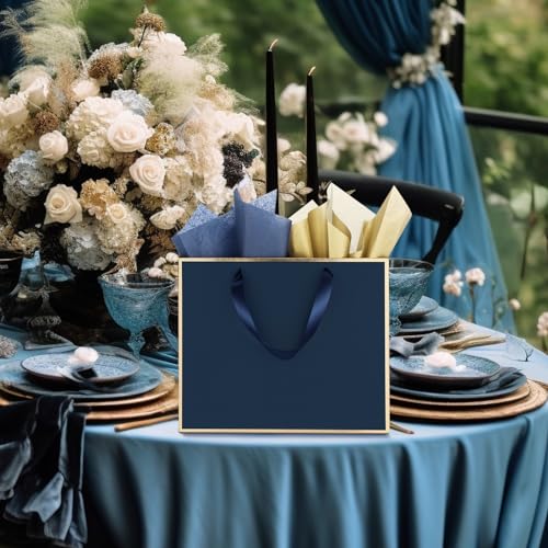 ReliThick 12 Pack Paper Gift Bag with Handles & Tissue, Navy Blue, Gold - color: Navy Blue, Gold
