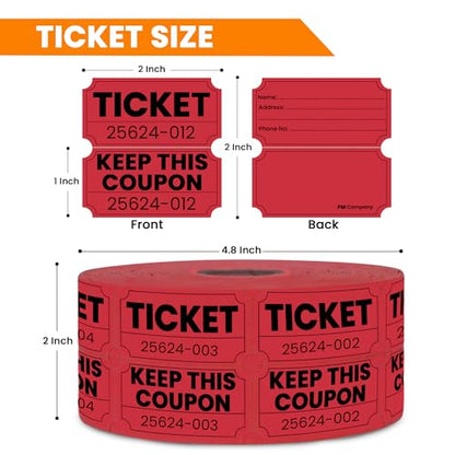 PM Company 2000 Pcs (1000 Pairs) Raffle Tickets Double Roll, 50/50 Red - color: Red